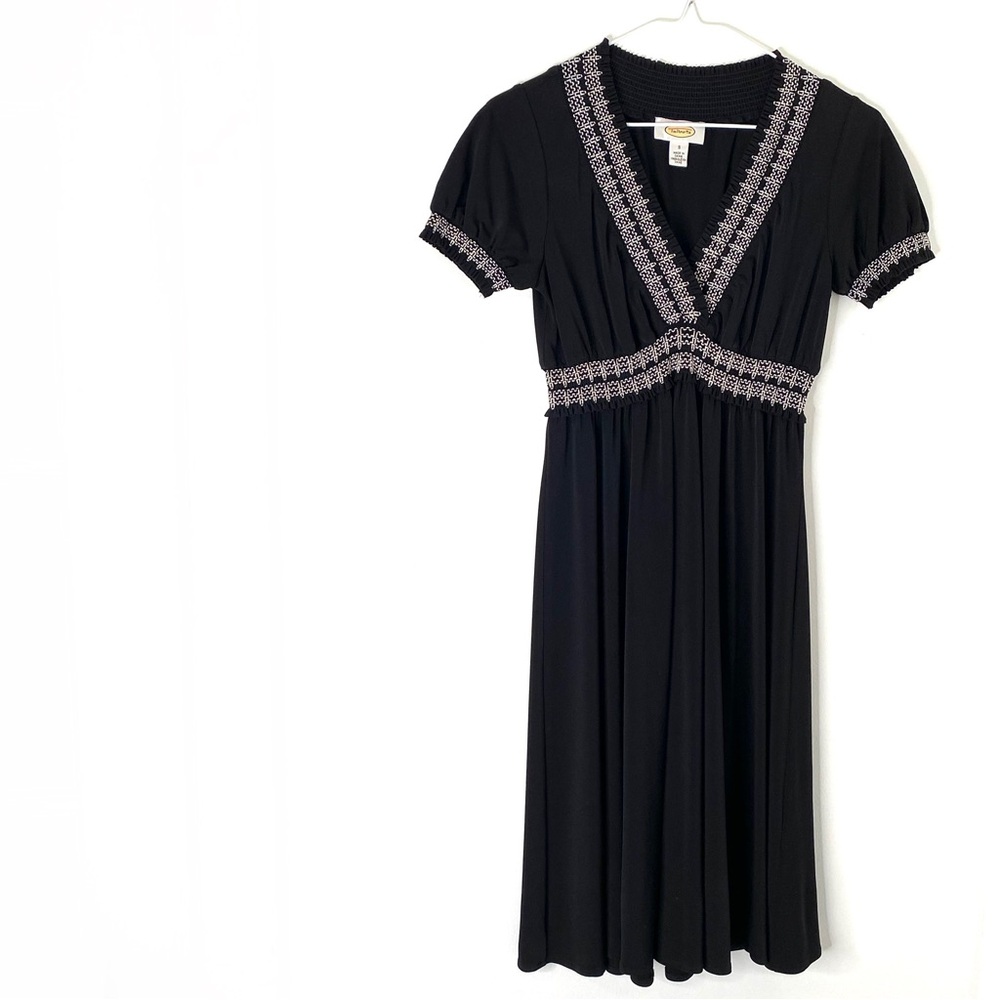 Talbots Black Embroidered V-Neck Midi Dress White Trim Flowy Stretch